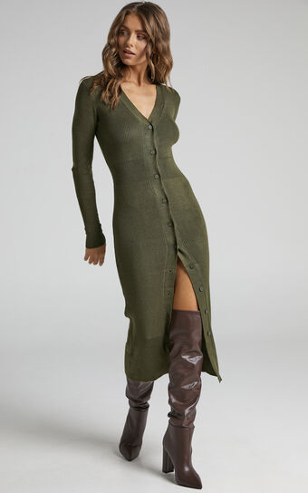 Leahanna Midi Dress - Button Front Knit Dress in Olive