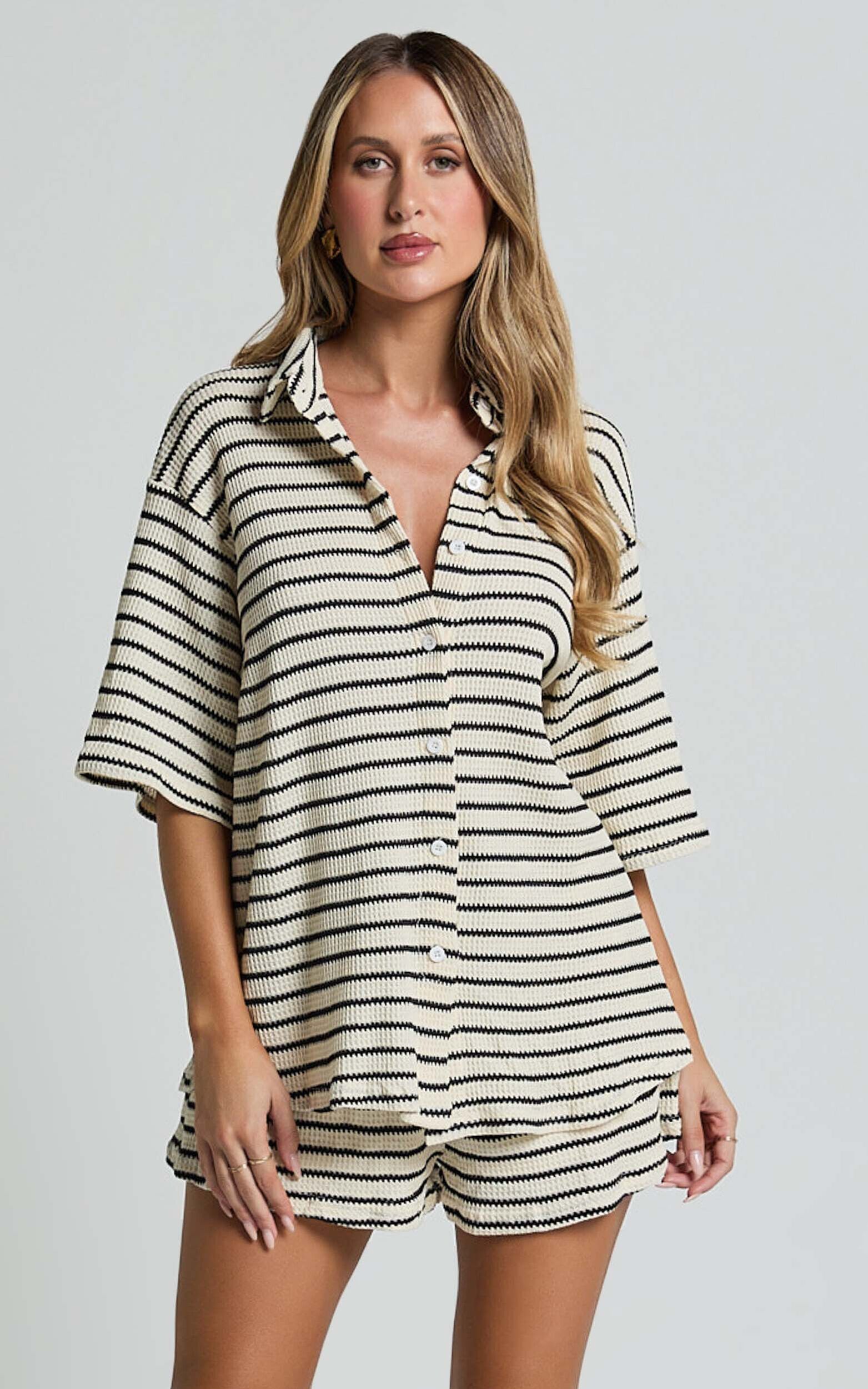 Dylan Two Piece Set - Striped Waffle Shirt and Short Set in Black & Cream Stripe - 06, BLK1