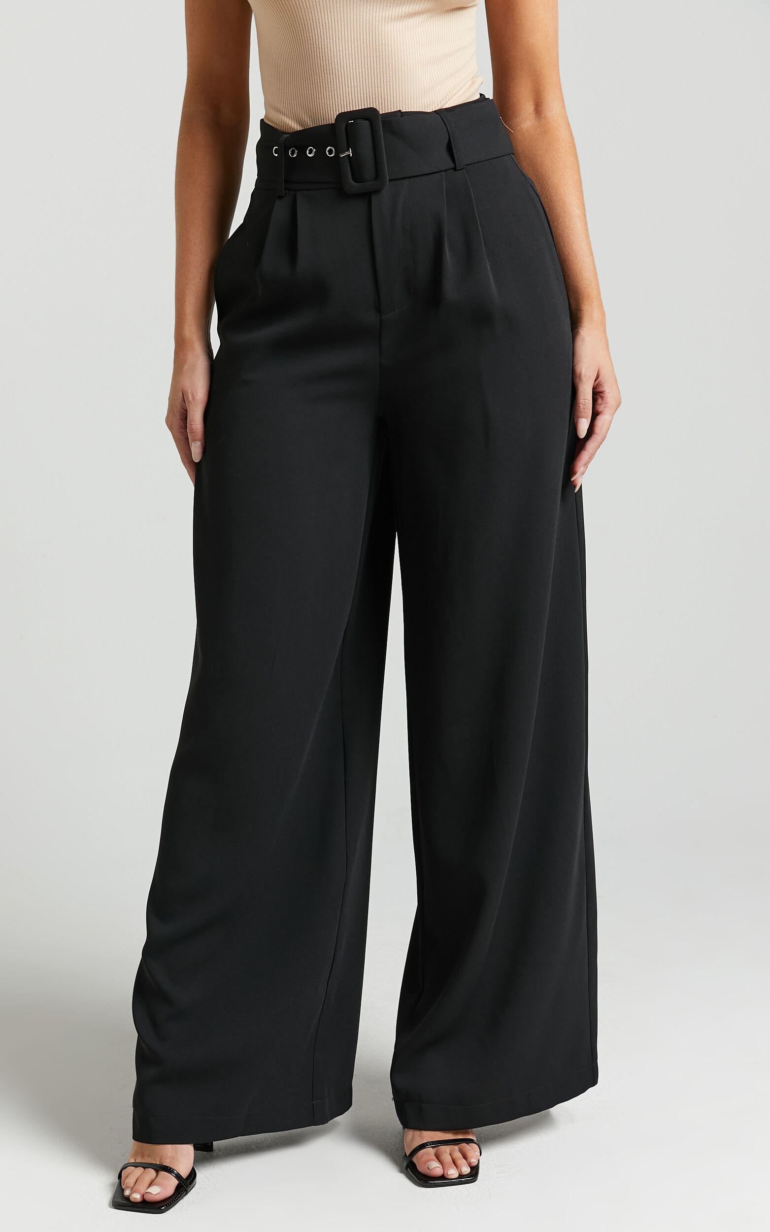 Black belted wide leg trousers sales