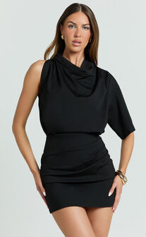 Indiana Mini Dress - High Cowl Neck Asymmetric Sleeve Fitted Skirt Dress in Black Midnight