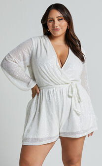 Jessen Playsuit - Tie Waist Balloon Sleeve Playsuit in White Sequin