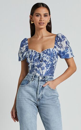 Liana Top Short Sleeve Bustier in White and Blue Floral Showpo Sale