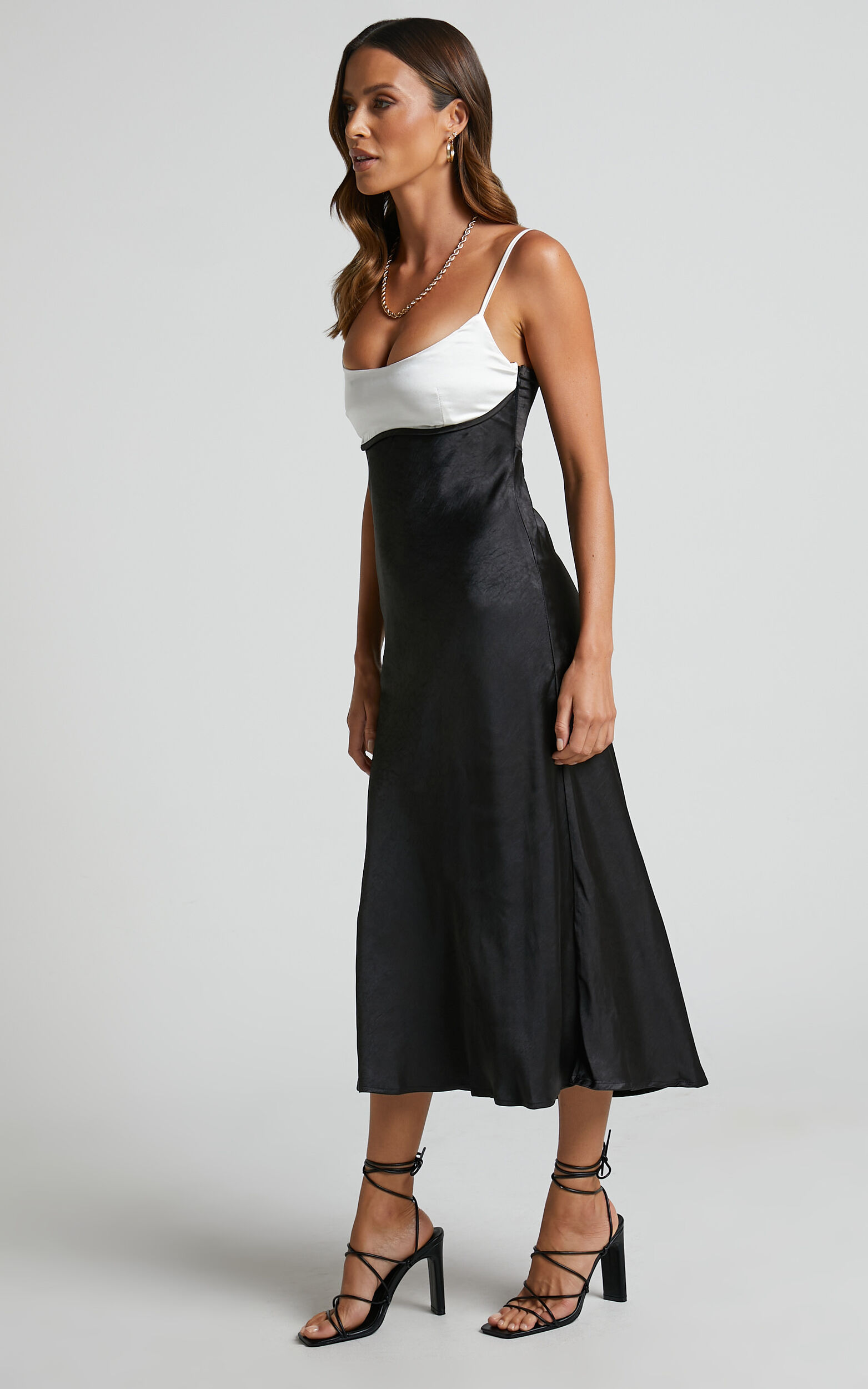 Built-in Bra Black Slip Dress for Women - Midi Satin Cocktail