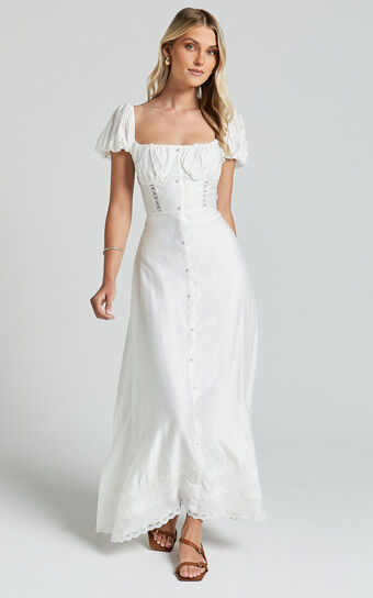 Giselle Midi Dress - Puff Sleeve Corset Flare Dress in White