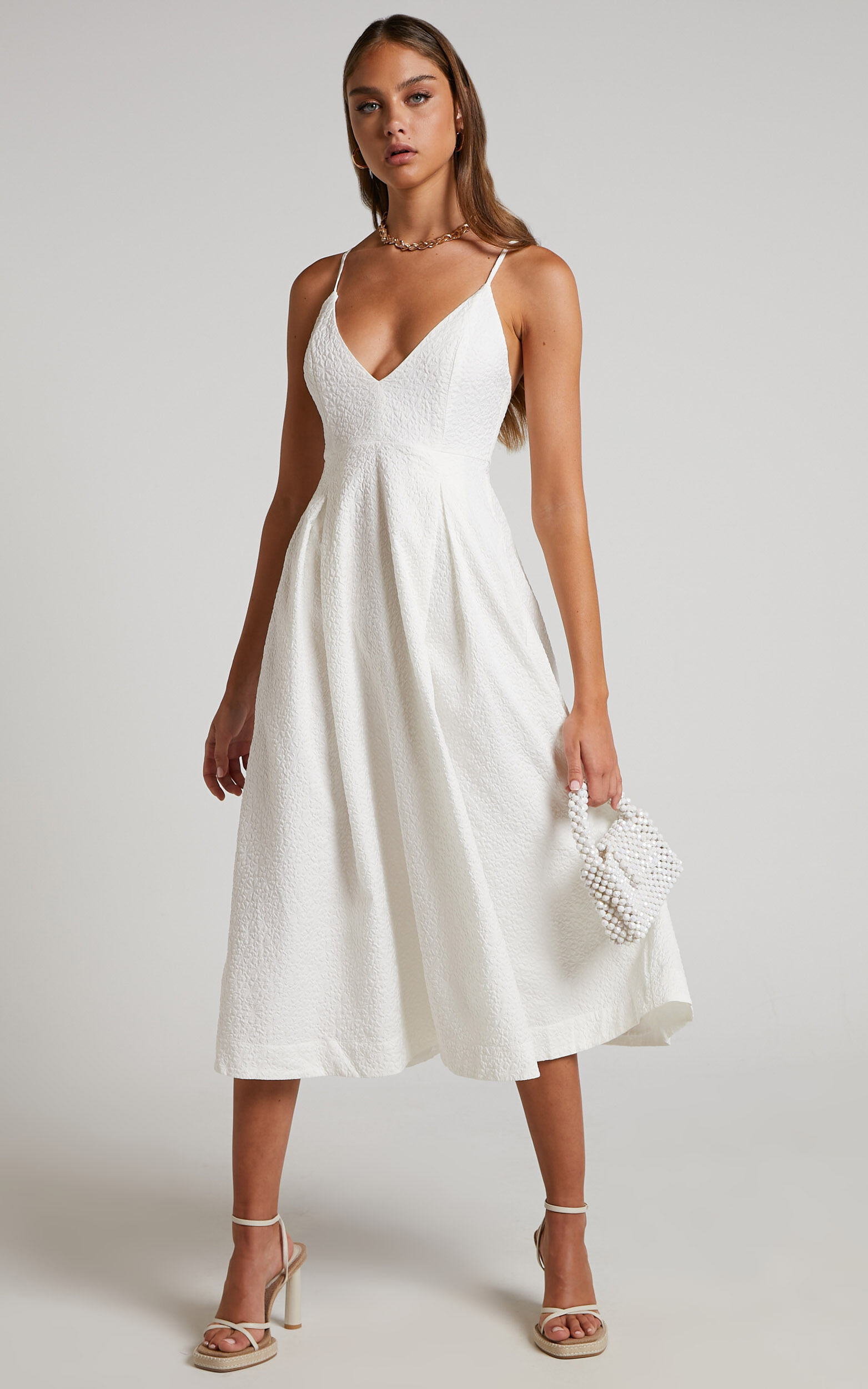 White floral shop plunge midi dress