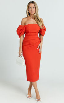 Lohan Midi Dress - Off Shoulder Puff Sleeve in Orange