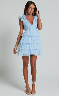 Hayden Mini Dress - Low Back Tulle Tiered Dress in Light Blue