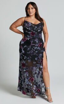 Aletta Maxi Dress - Cowl Cross Back Dress in Purple Haze Burnt Out Floral