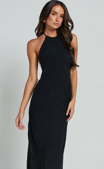Cyrena Maxi Dress - Linen Look Halter Neck Sleeveless Slip Dress in Black
