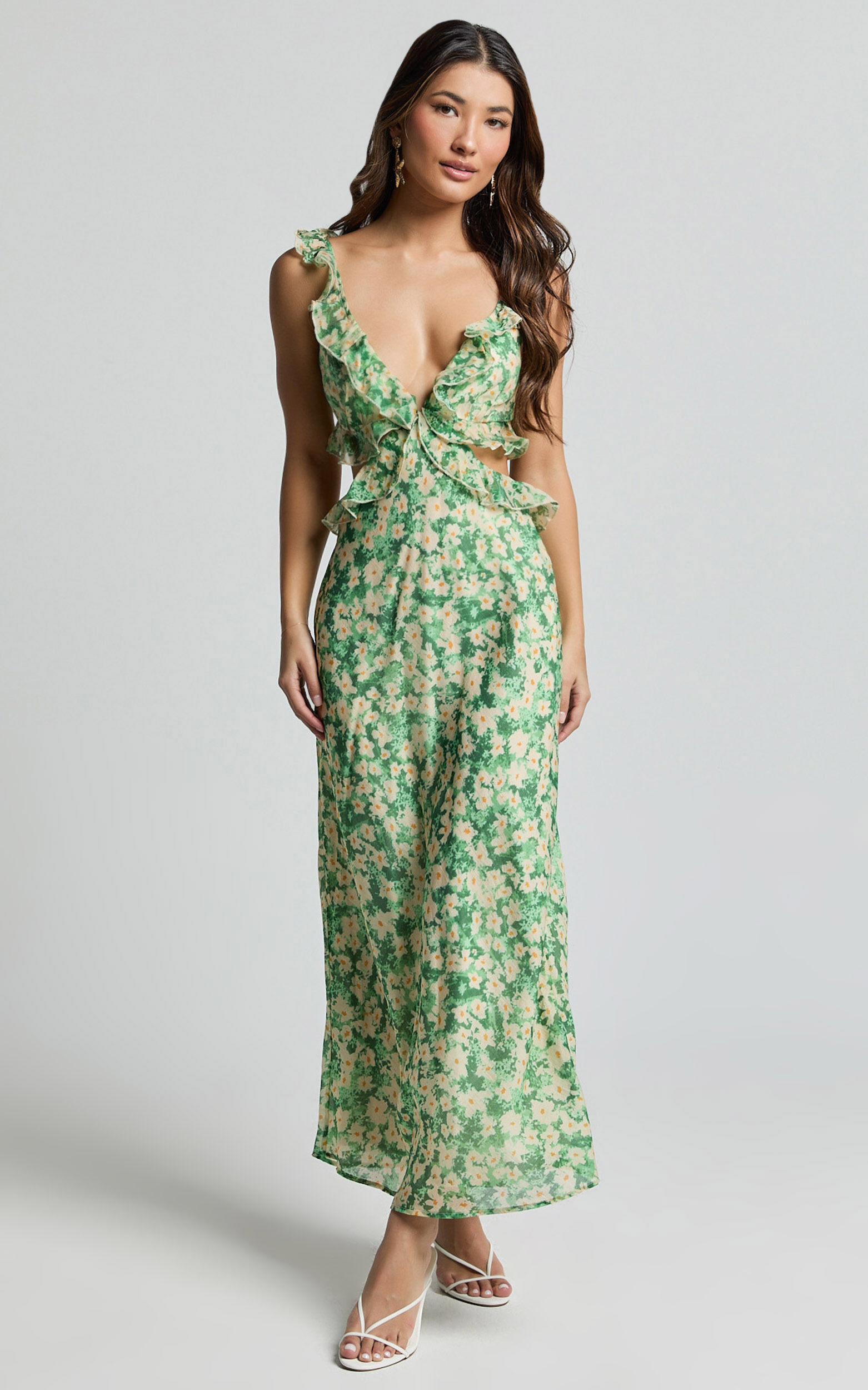 Dahlia Midi Dress Ruffle Details Slip Dress in Green Floral