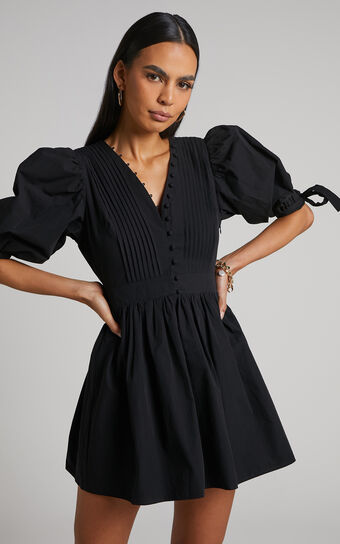 Zandra Mini Dress - Puff Sleeve Poplin Dress in Black