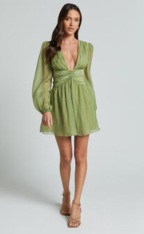 Casey Mini Dress - Plunge Neck Puff Long Sleeve Dress in Sage