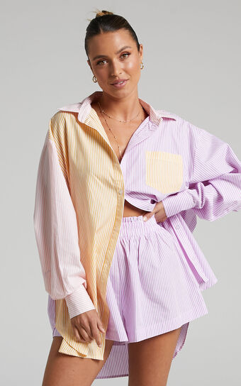 Autumn Shirt - Contrast Stripe Oversized Shirt in LEMON AND LILAC