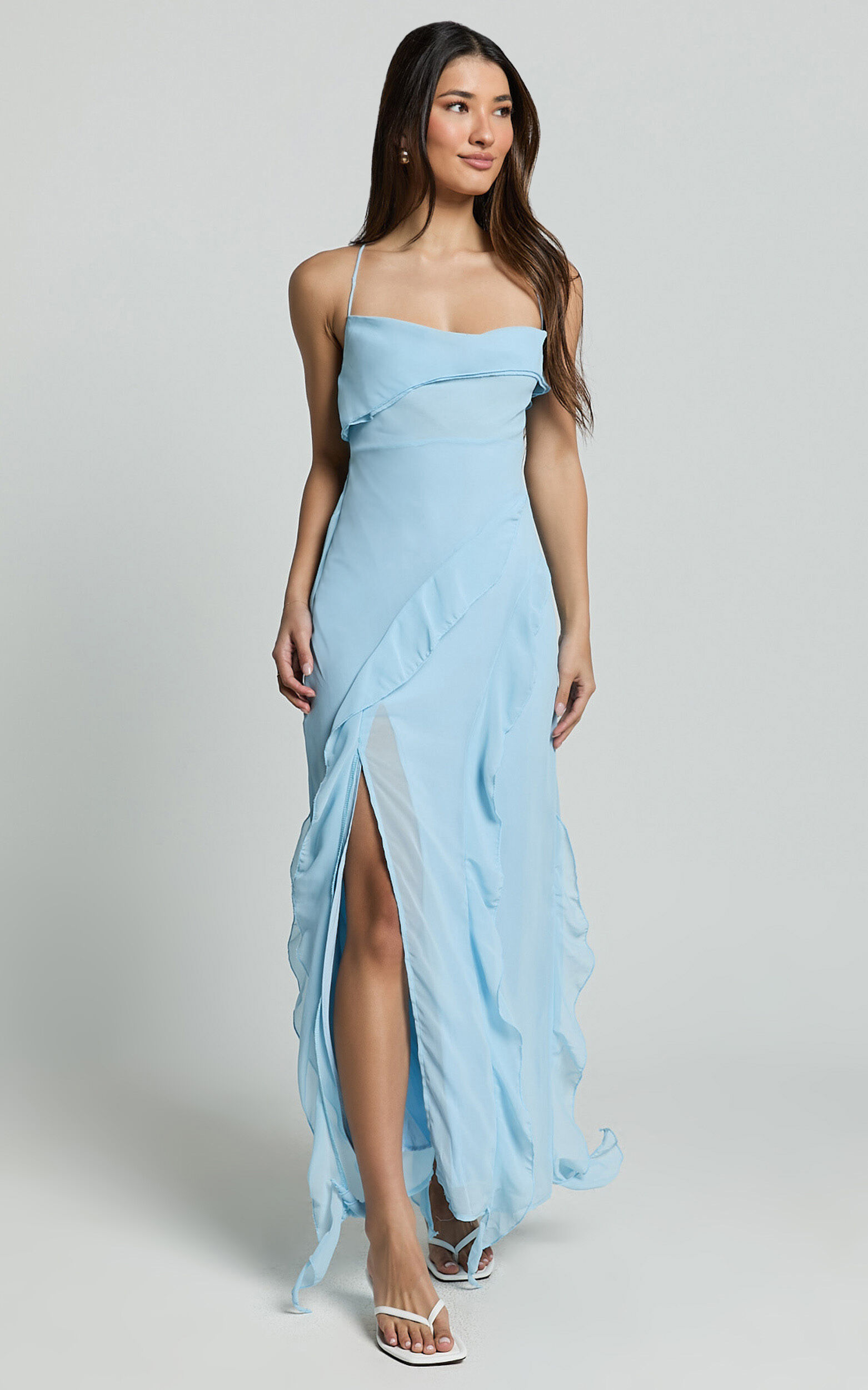 Connie Midi Dress Ruffle Detail Dress in Blue