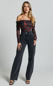 Jaythen Bodysuit - Long Sleeve Off Shoulder Ruched Mesh Bodysuit in Red Rose