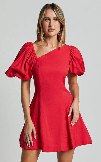 Harlow Mini Dress - Asymmetric Puff Sleeve Flare Dress in Red