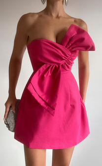 Chika Mini Dress - Linen Look Strapless Front Bow Dress in Peony Pink