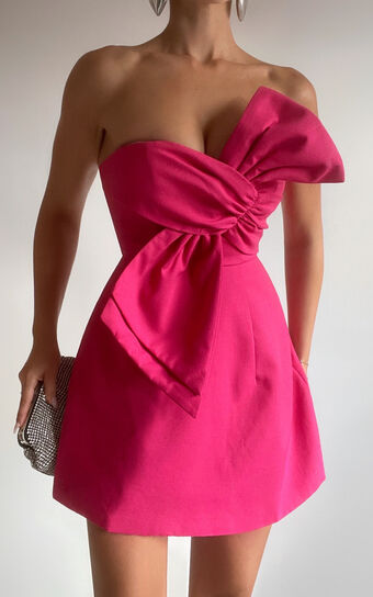 Chika Mini Dress Linen Look Strapless Front Bow in Peony Pink Showpo