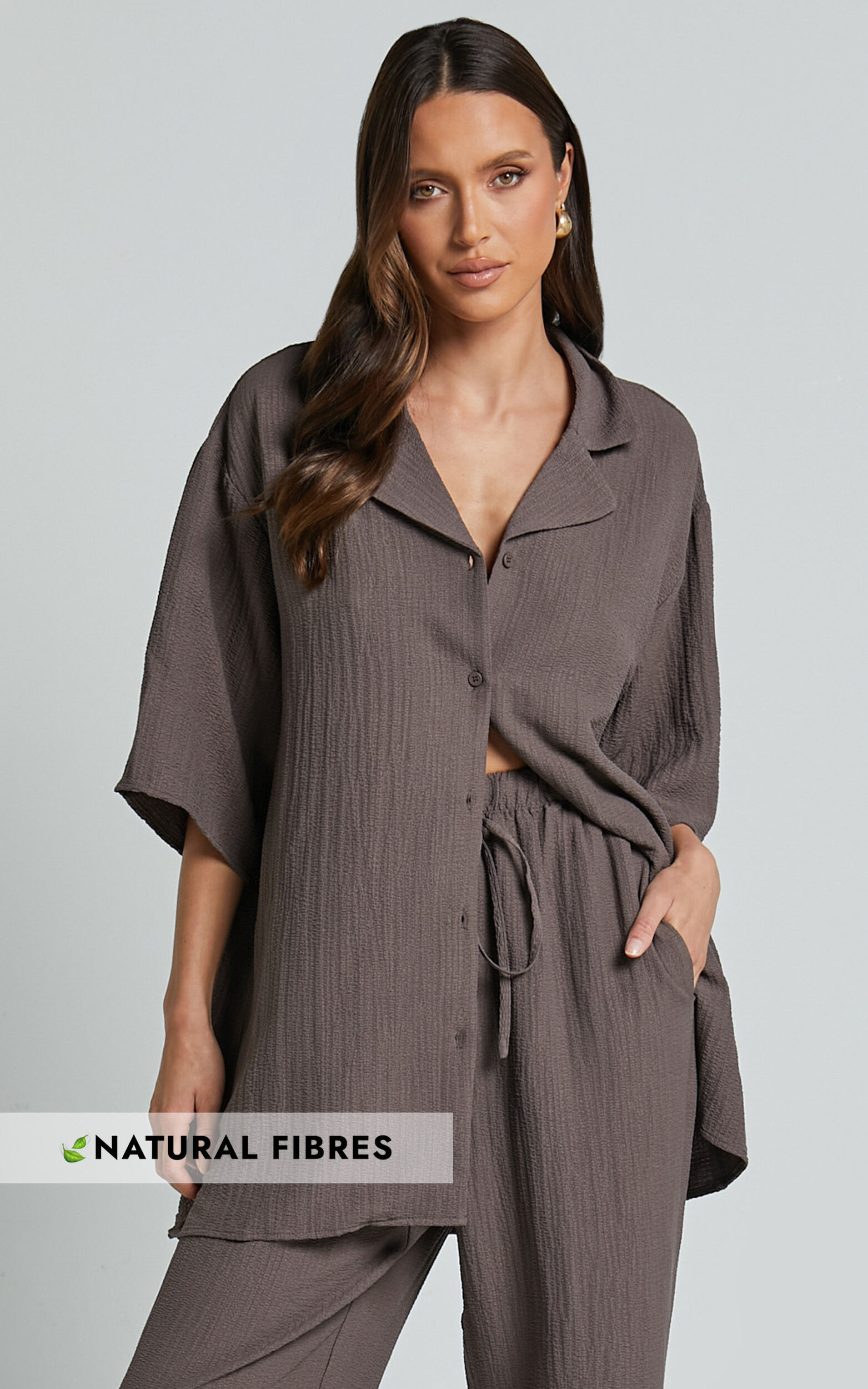 Ava Top - Collar Button Through Oversized Short Sleeve Textured Shirt in Mocha - 06, GRY1