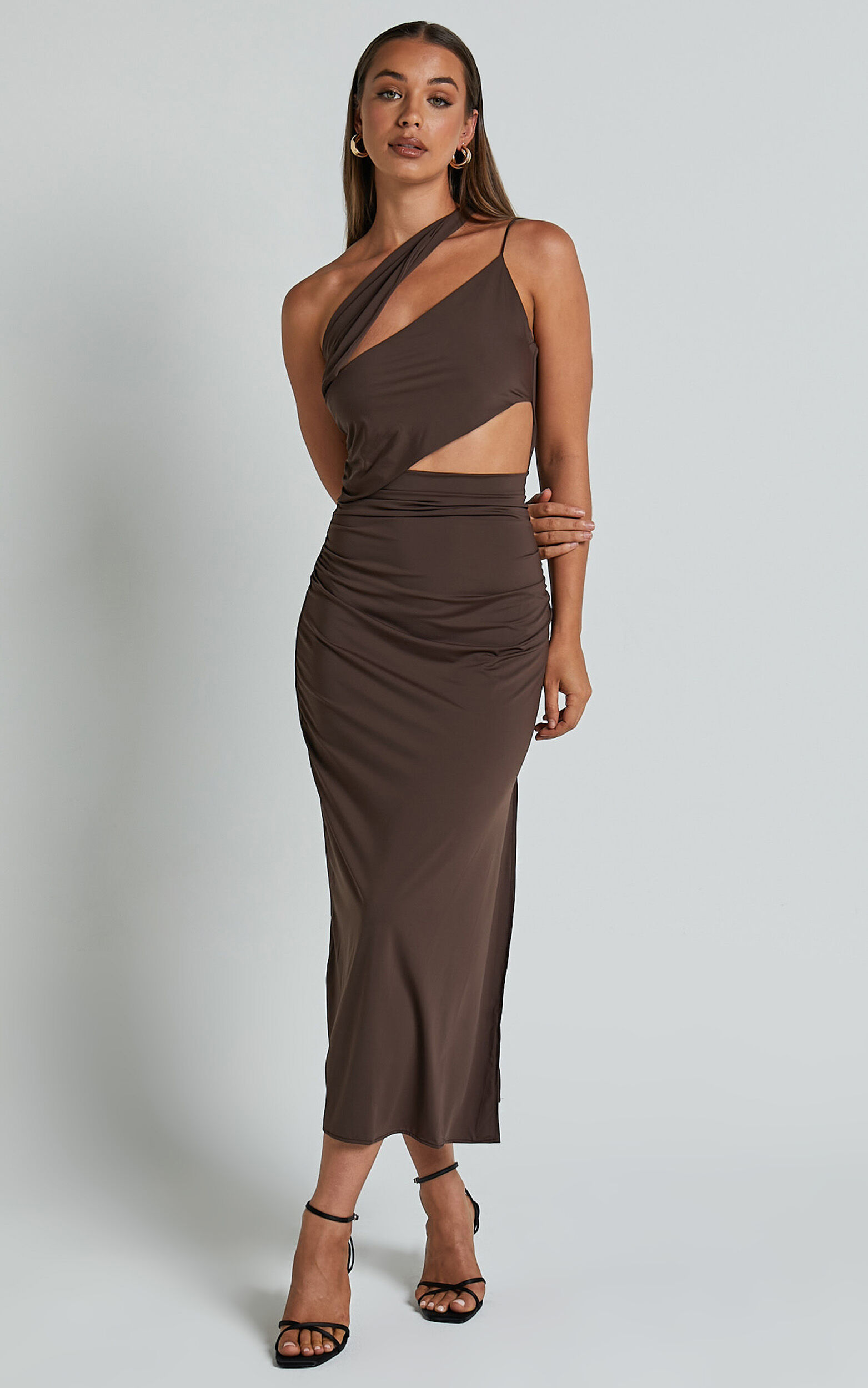 Erizha Midi Dress - One Shoulder Strappy Ruched Slip Dress in Chocolate - L, BRN1