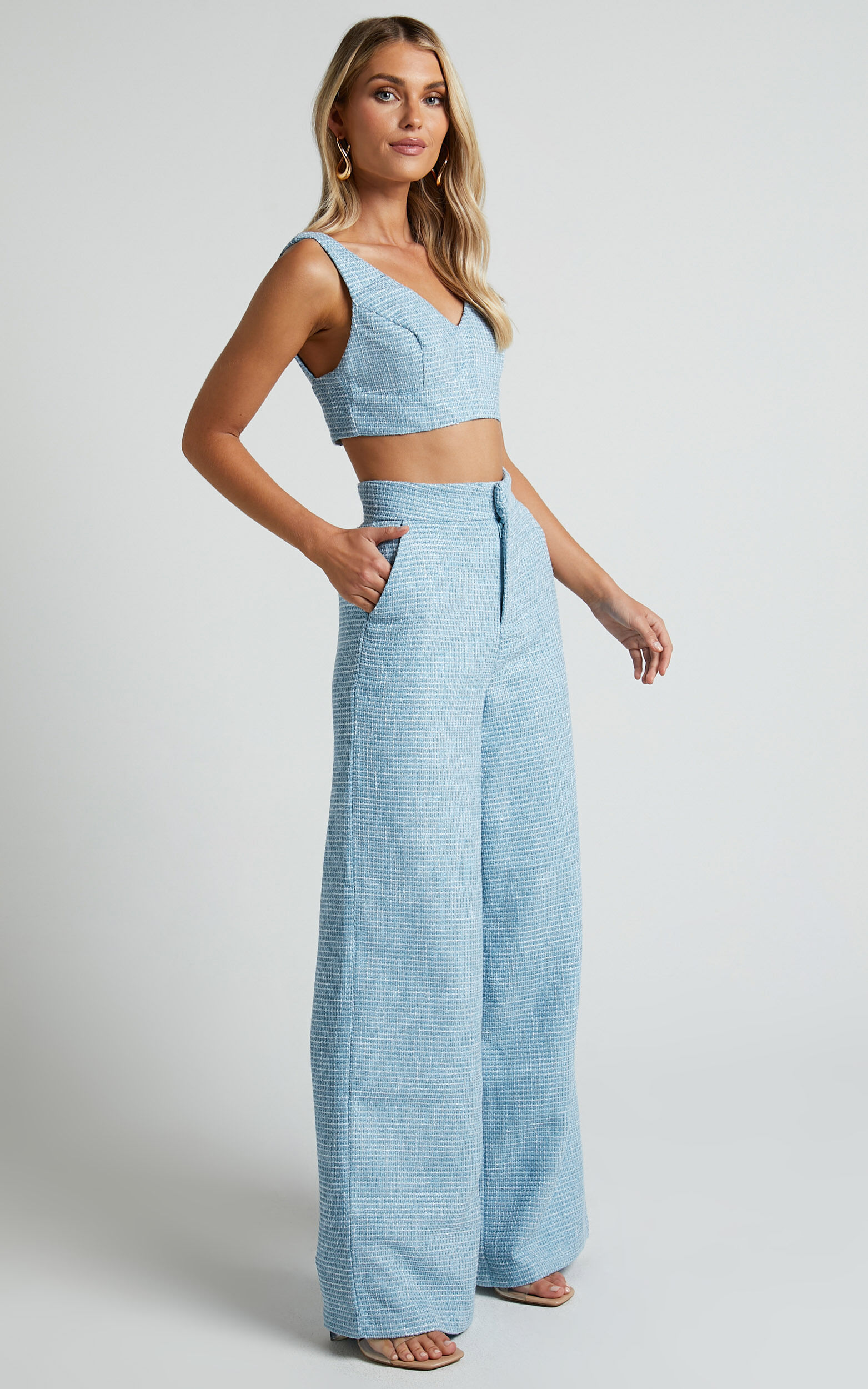 Adelaide Two Piece Set Crop Top and Wide Leg Pants Set in Baby Blue Showpo