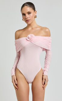 Seraphina Bodysuit - Off Shoulder Long Sleeve Detachable Rosette Mesh Bodysuit in Baby Pink
