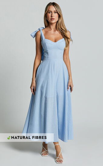 Tymia Midi Dress - Shoulder Tie Bustier Shirred Back A Line in Pastel Blue