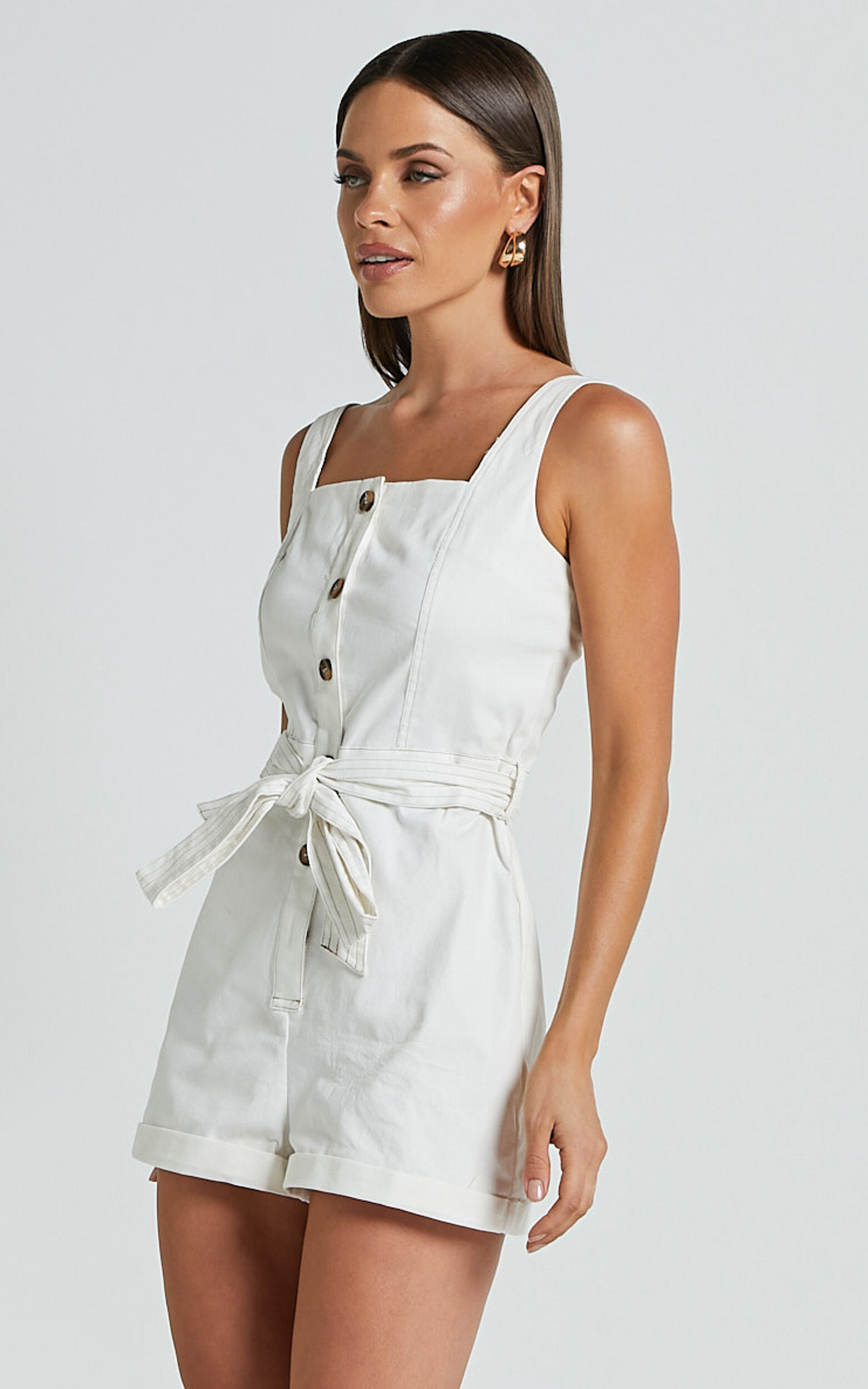 Nympha Playsuit Square Neck Button Through Belted Playsuit in White