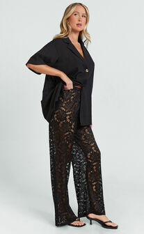 Jemma Two Piece Set - Relaxed Shirt and Lace Pants Set in Black