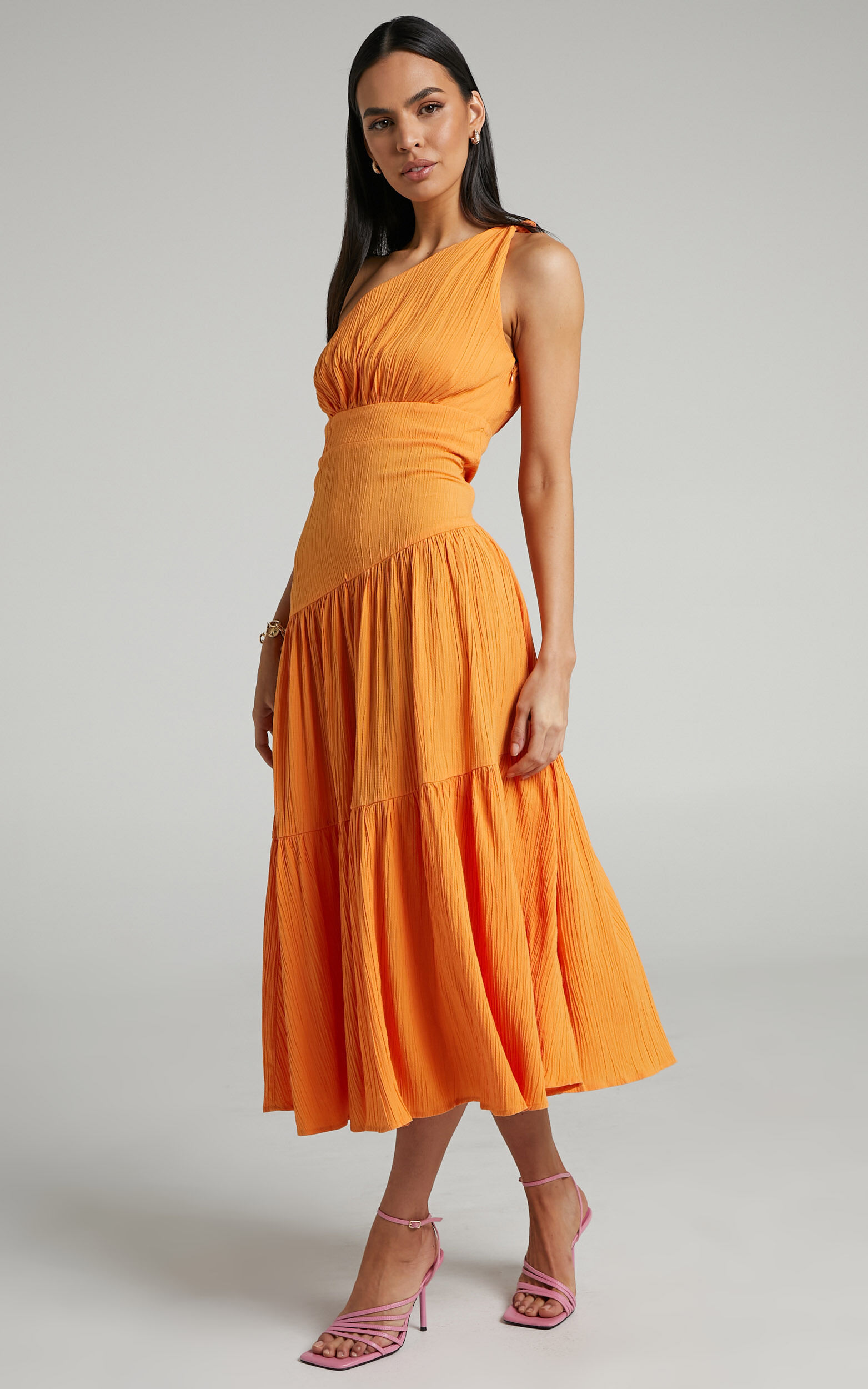 Celestia Midi Dress Tiered One Shoulder Dress in Mango