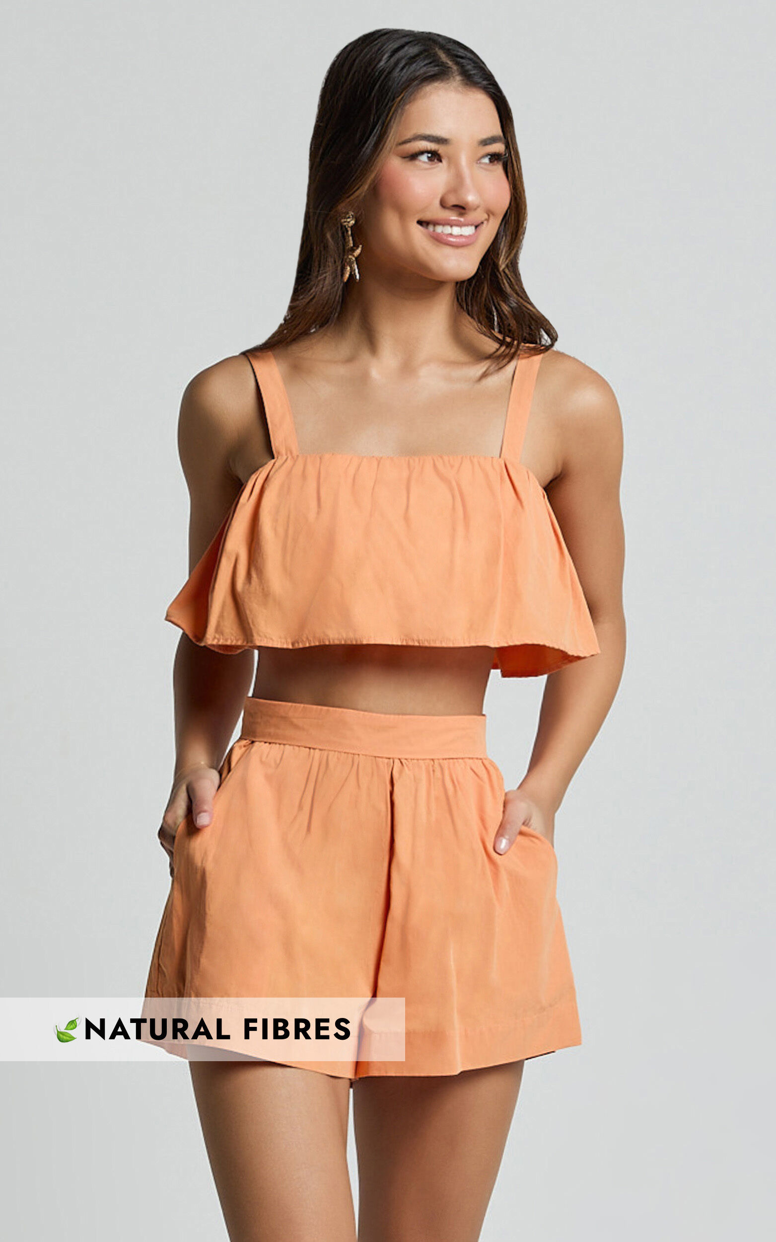 Hannah Two Piece Set - Frill Crop Top and High Waist Shorts in Sherbet Orange - 06, ORG1