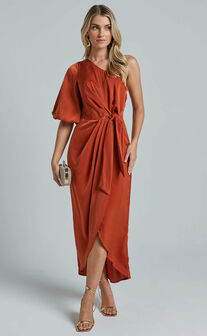 Janae Midi Dress - One Shoulder 3/4 Sleeve Wrap in Copper