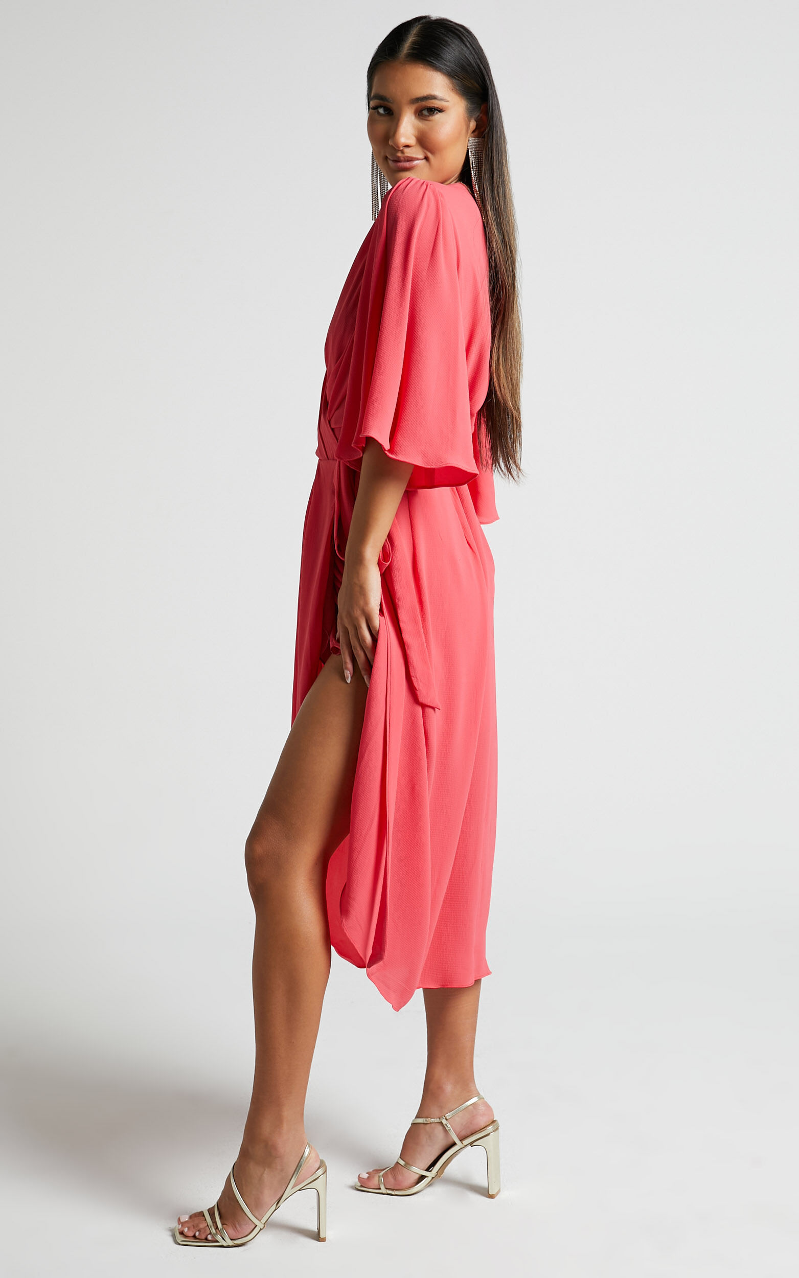 Meagan Midi Dress V Neck Flutter Sleeve Pleated Detail Wrap in