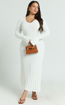 Astra Midi Dress - V Neck Long Sleeve Knit Dress in White