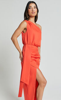 Zuri Midi Dress - One Shoulder Wrap Dress in Orange