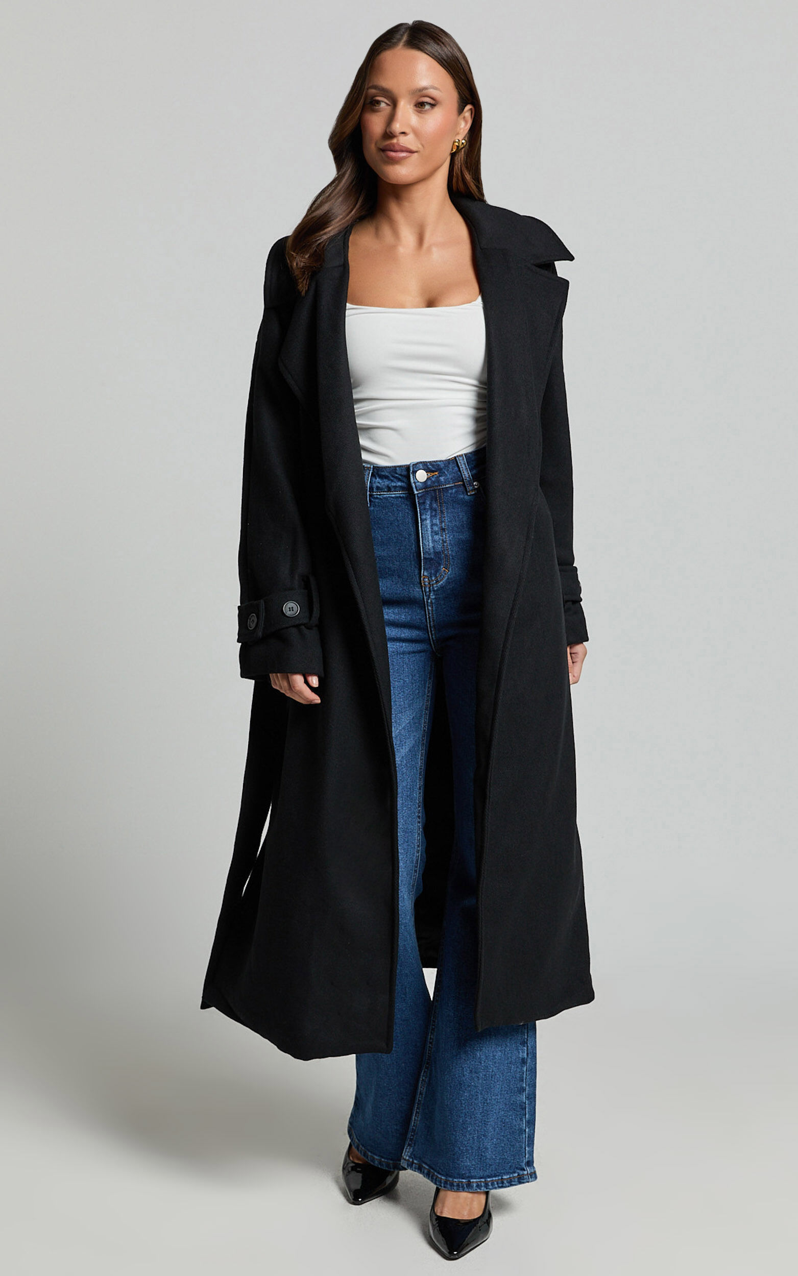 Black belted longline coat sales