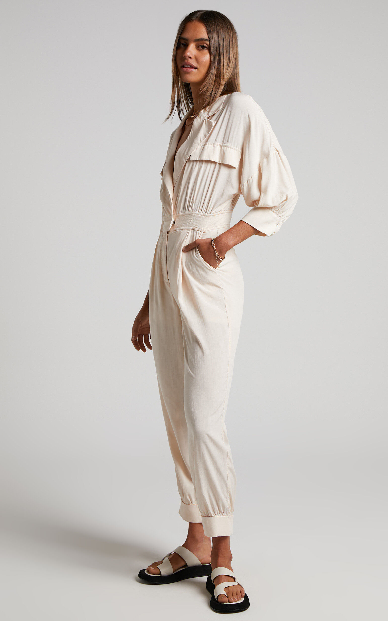 Ayelin Jumpsuit Linen Look Relaxed 3 4 Sleeve Jumpsuit in Cream Showpo USA