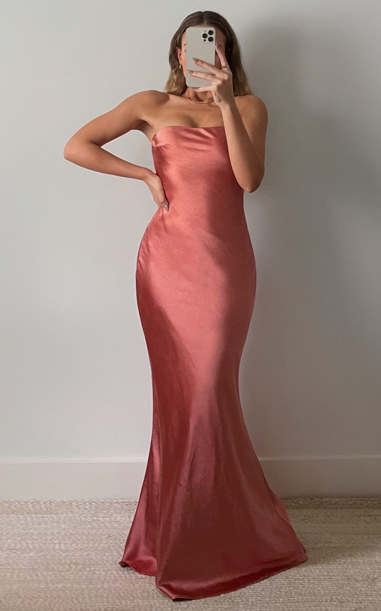 Charlita Maxi Dress Strapless Cowl Back Satin Dress in Peach Showpo USA