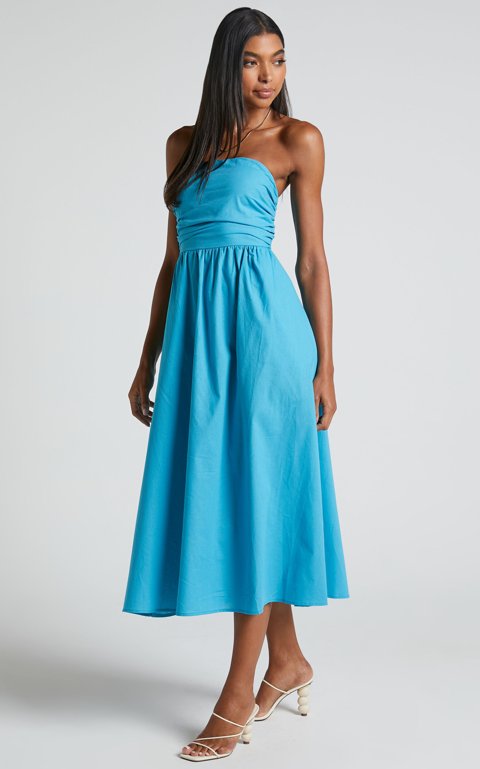 Isidora Midi Dress - Strapless Gathered Bust Dress in Blue | Showpo USA
