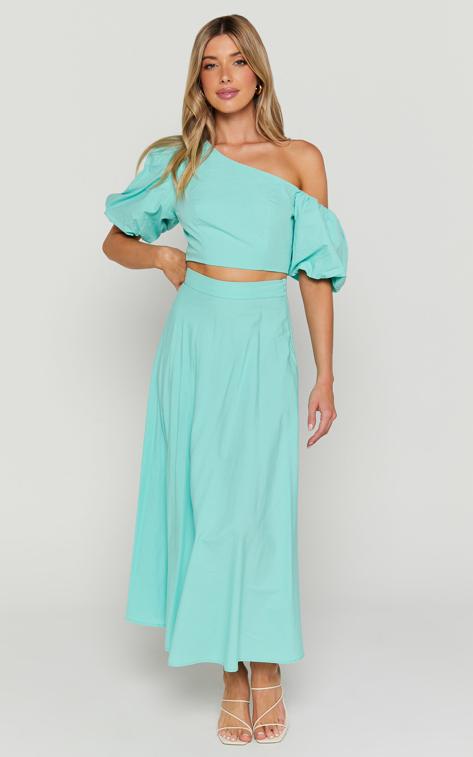 Austin Two Piece Set - Asymmetrical Top and Midi Skirt Set in Auqa