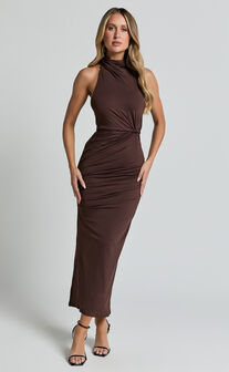 Olenna Midi Dress - Halter Neck Twist Detail Tie Back Dress in Chocolate