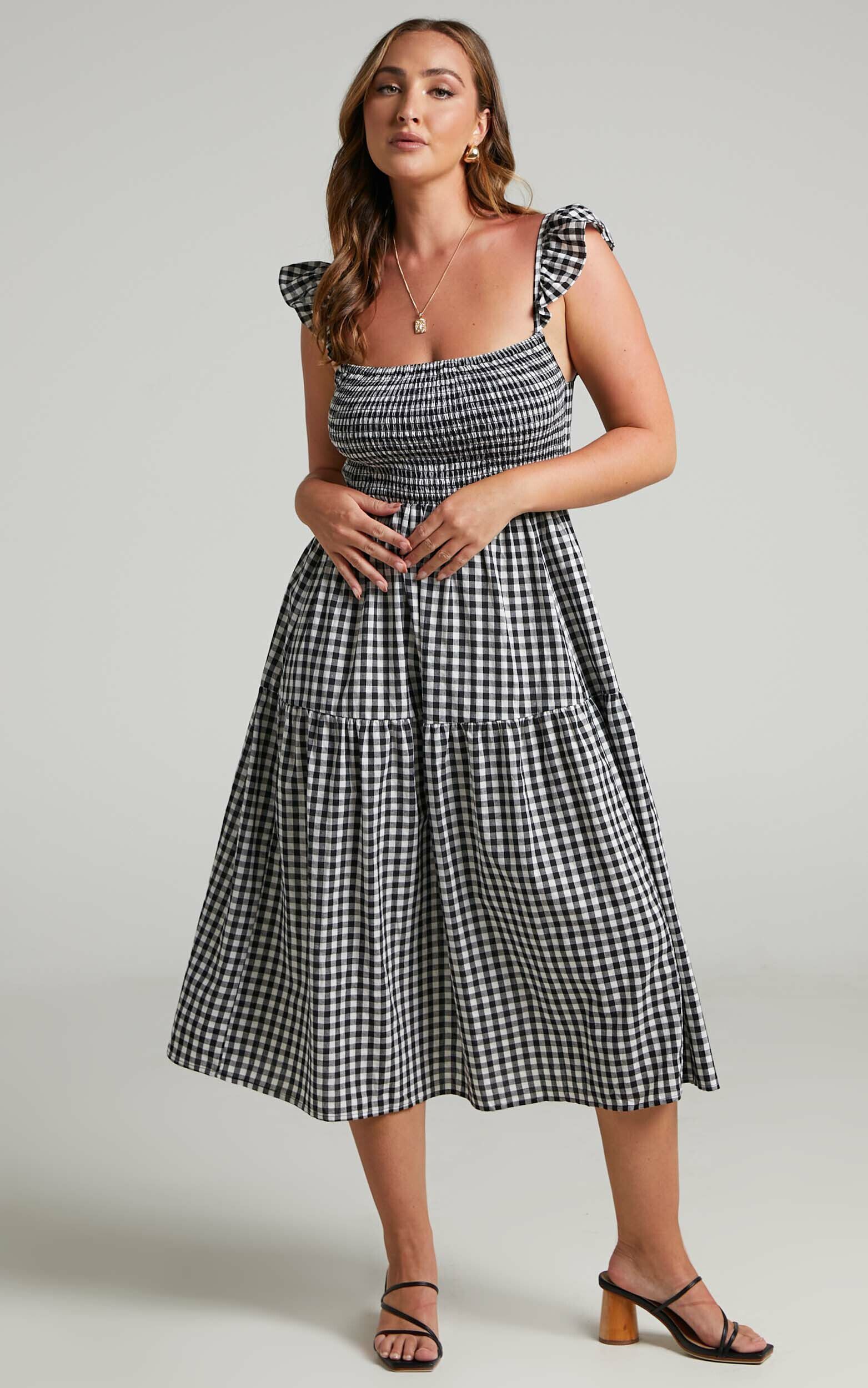 Kamrin Shirred Bodice Frill Sleeve Midi Dress in Black