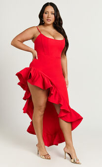 Maura Maxi Dress - Scoop Neckline Ruffle High Low Dress in Red