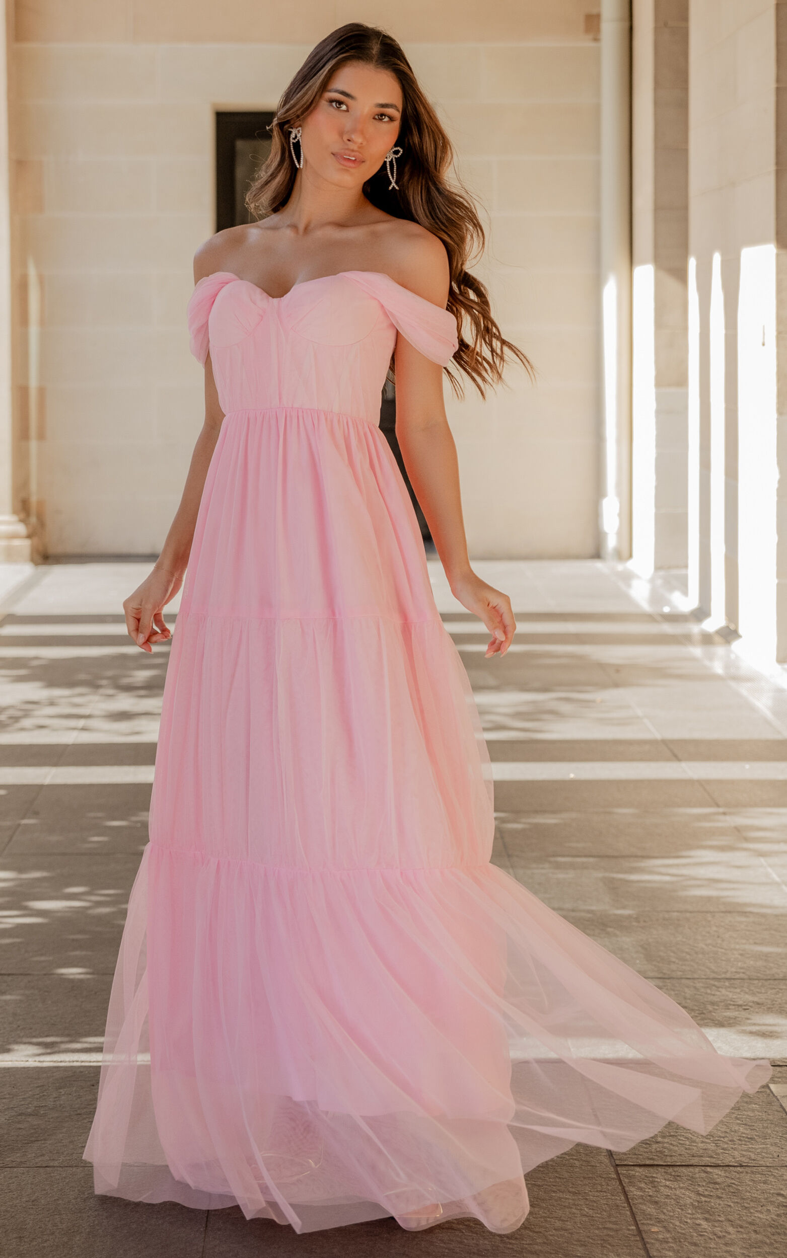 Ontario Maxi Dress - Off Shoulder Corset Bodice Tulle Dress in Ballet Pink - 06, PNK1