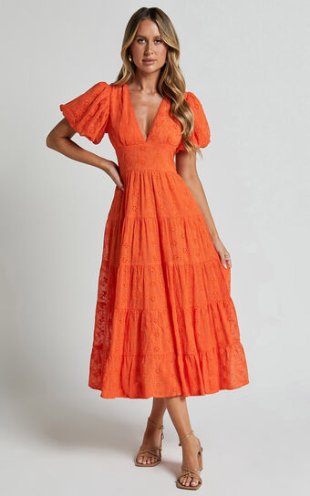 Divora Midi Dress - Plunge Balloon Sleeve Tiered Dress in Orange Showpo