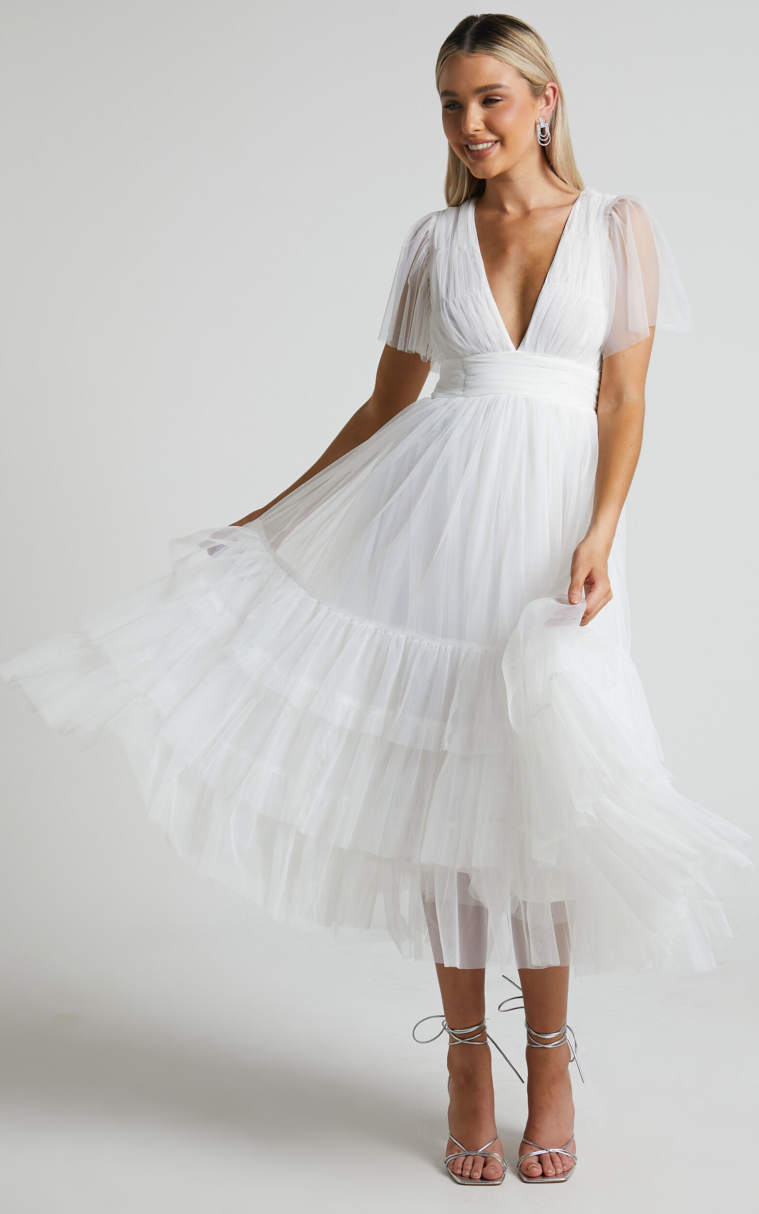 Jiraye Midi Dress - Flutter Sleeve Tuelle Plunge Dress in White - 06, WHT4