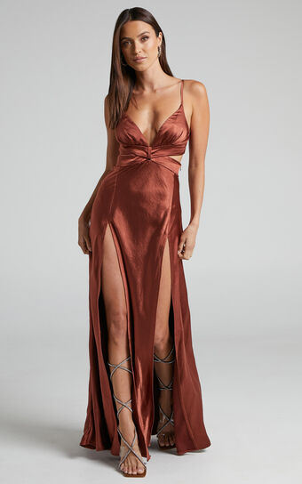 Precious Maxi Dress - Plunge Cut Out Double Split Dress in Bronze
