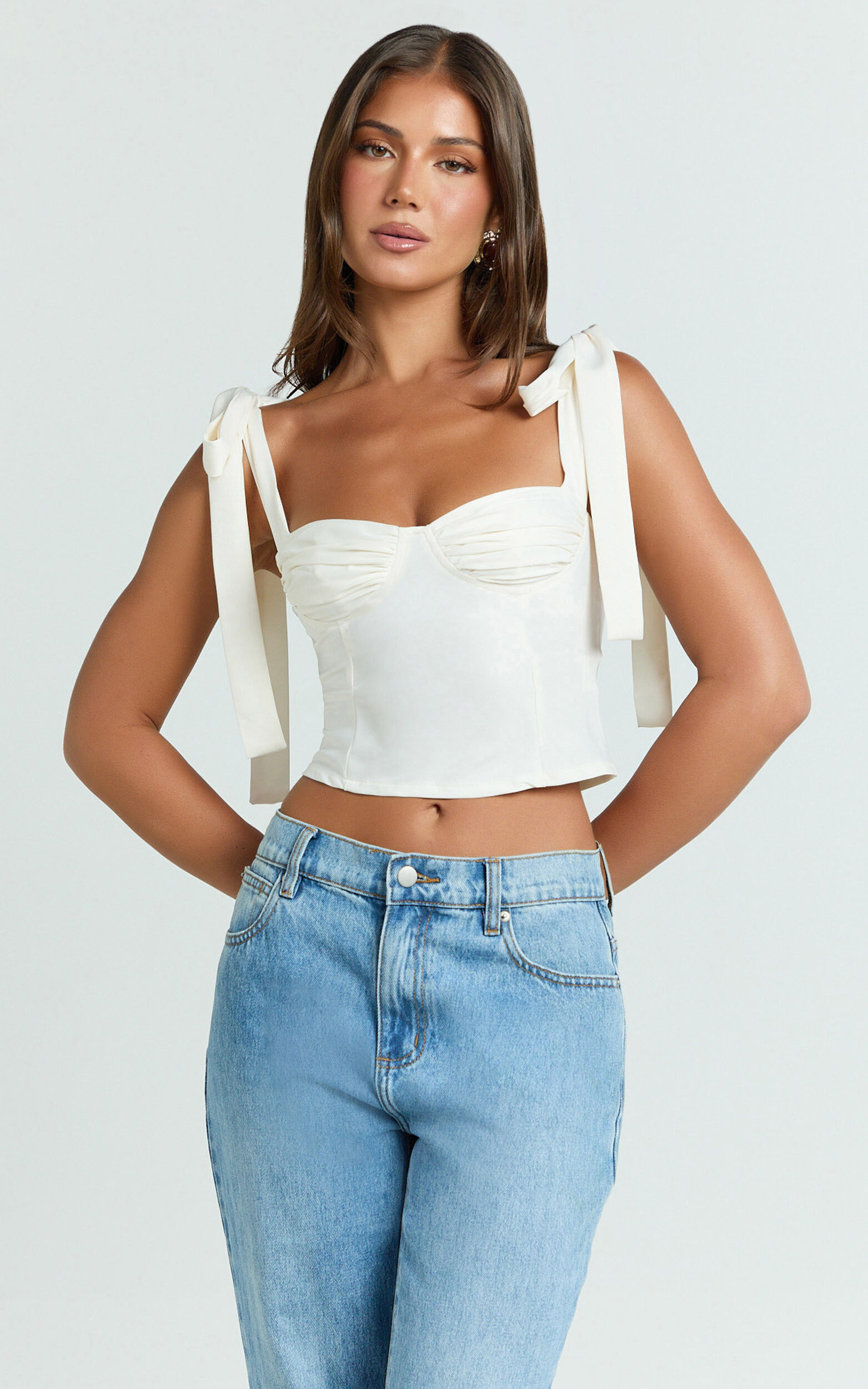 Elsa Top - Tie Shoulder Ruched Bust Bias Cut Top in Ivory - 04, WHT1
