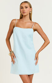 Mavie Mini Dress - Linen Strappy Shift Dress in Soft Blue | Showpo