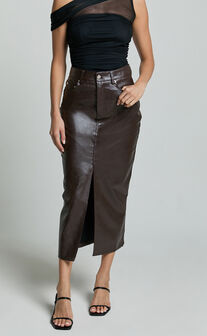 Jules Midi Skirt - Faux Leather High Waisted Front Split Midi Skirt in Chocolate